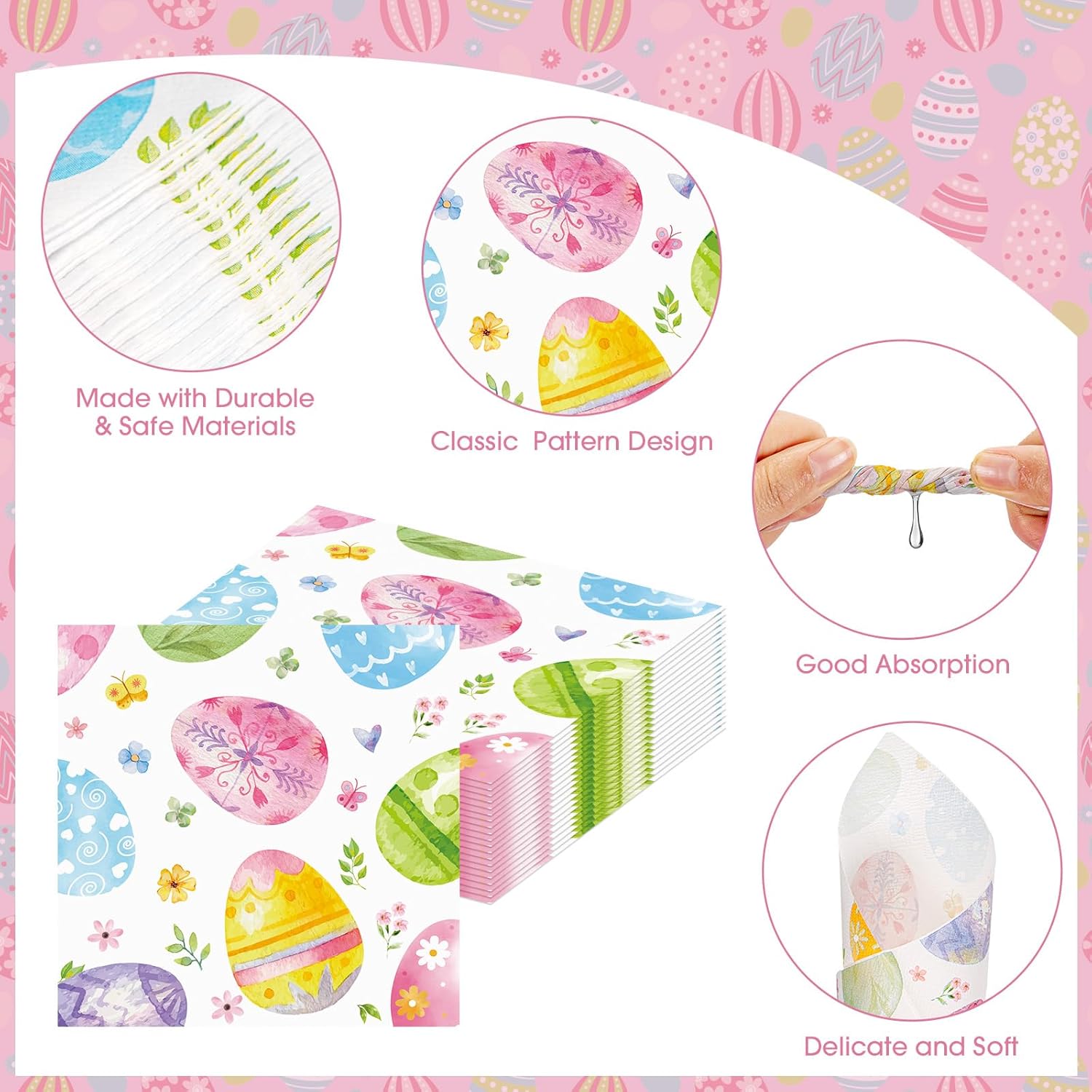 40 Pcs Easter Napkins Set - 13 Inch Watercolor Spring Easter Cocktail Dinner Napkins Bulk, 3-Ply Colorful Eggs Floral Paper Hand Towels for Happy Easter Party Supplies Holiday Table Decorations Favors