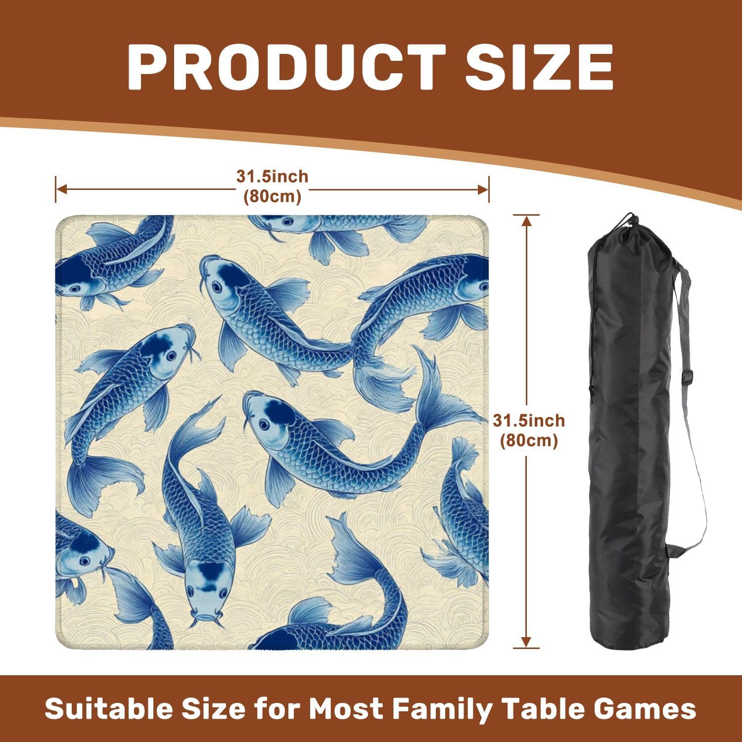 Chinoiserie Mahjong Mat with Carrying Bag 31.5" x 31.5" Blue Fish Elegant Wave Non-Slip Noise Reduction Table Mat for Mahjong Poker Dominoes Card Games
