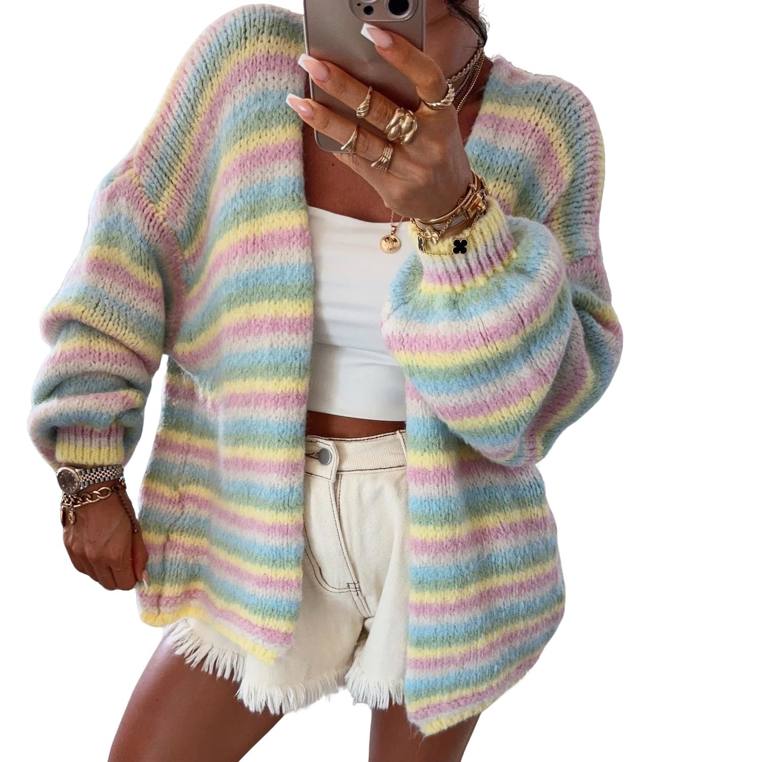 CHARTOU Women Contrast Color Striped Cardigan Sweater Fall Oversized Slouchy Open Front Knit Sweater Jacket
