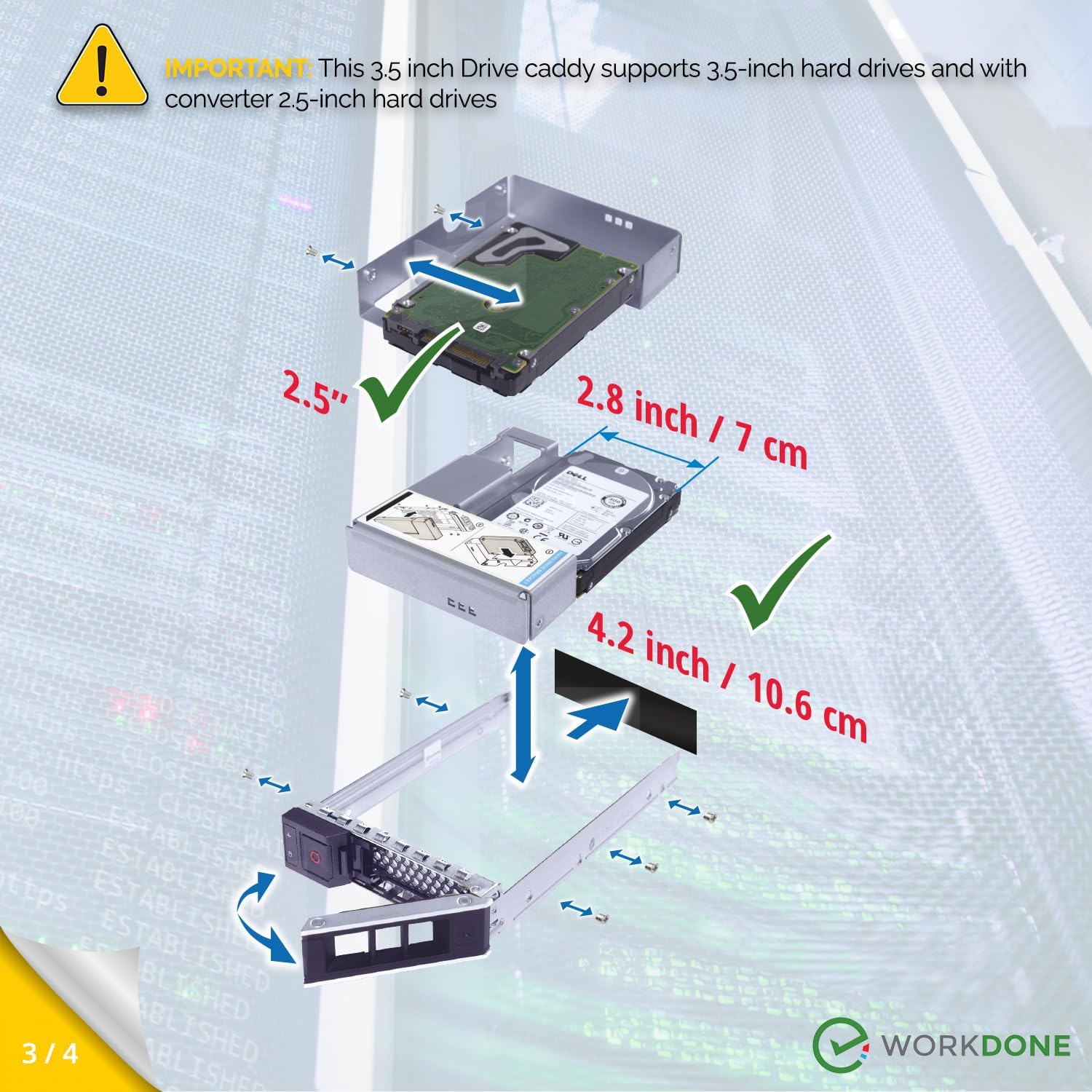 WORKDONE 3.5 inch Drive Caddy with 2.5 inch HDD Adapter - Compatible for Dell PowerEdge Servers - T360 R760 R640 R540 R440 R340 R550 R450 R650xs R750xs - Bright LED Tray - with Detailed Setup Manual