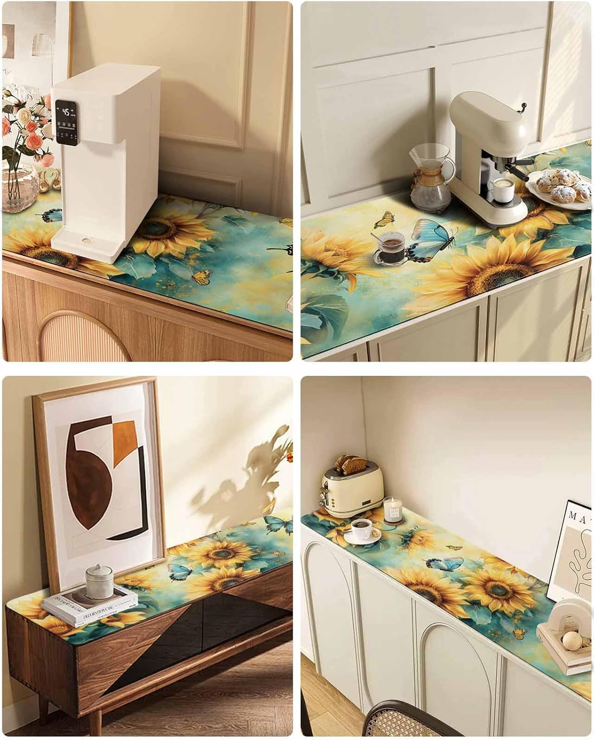 Sunflower Butterfly Heat Insulation Trivet & Table Runner Watercolor Green Yellow Painting Pastoral Hot Dishes Mat Table Protector Hot Pots Pans Pads Waterproof Placemats for Countertops 48x12 Inch