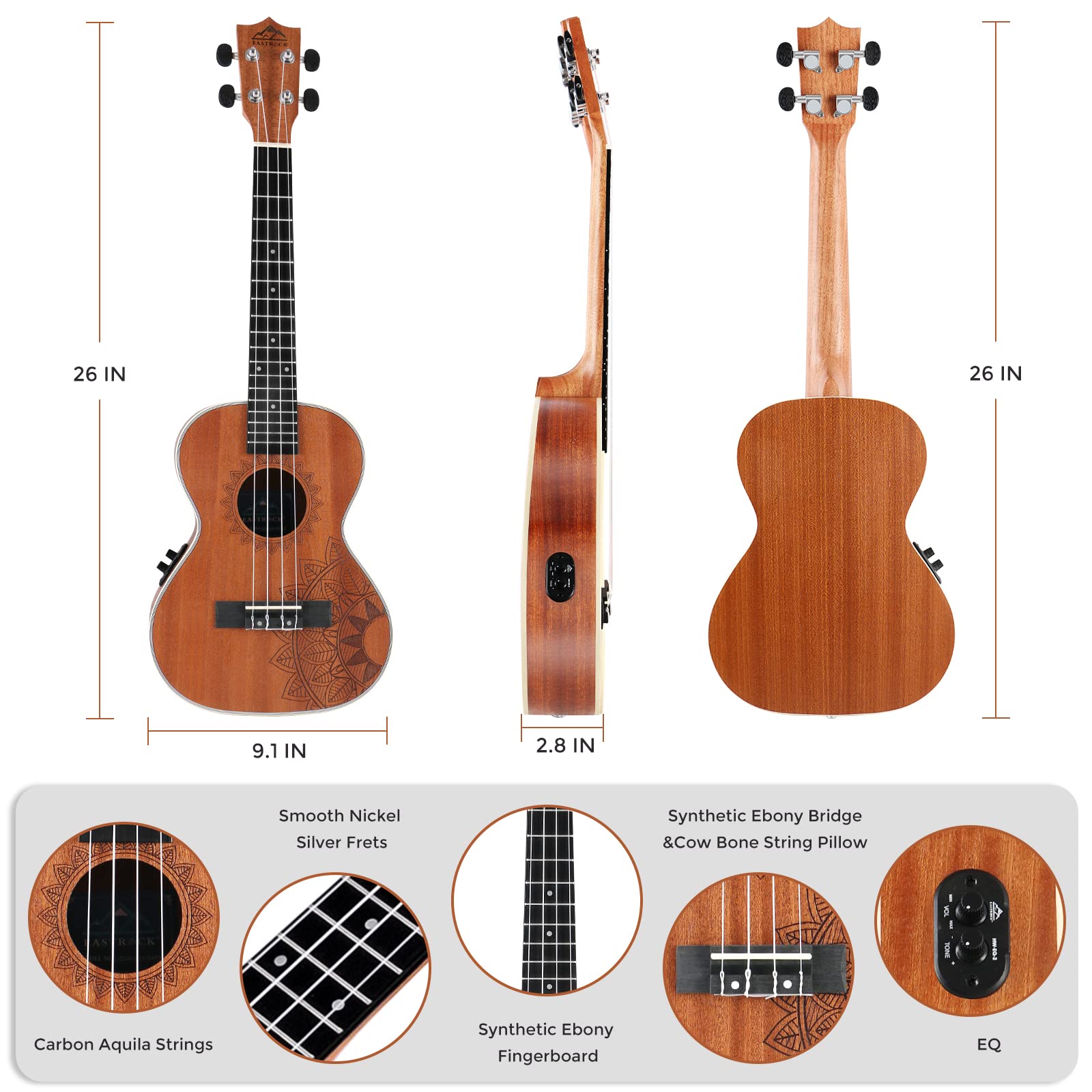 com: EASTROCK Concert Ukelele Sapele Beginner Electric