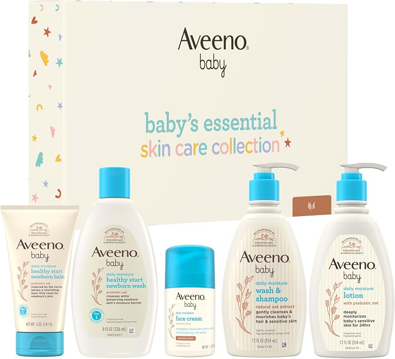 Set de regalo Essential Skincare, colección de 5 piezas | Jabón y champú, loción corporal humectante diaria, humectante facial, jabón para recién nacidos y bálsamo para bebés