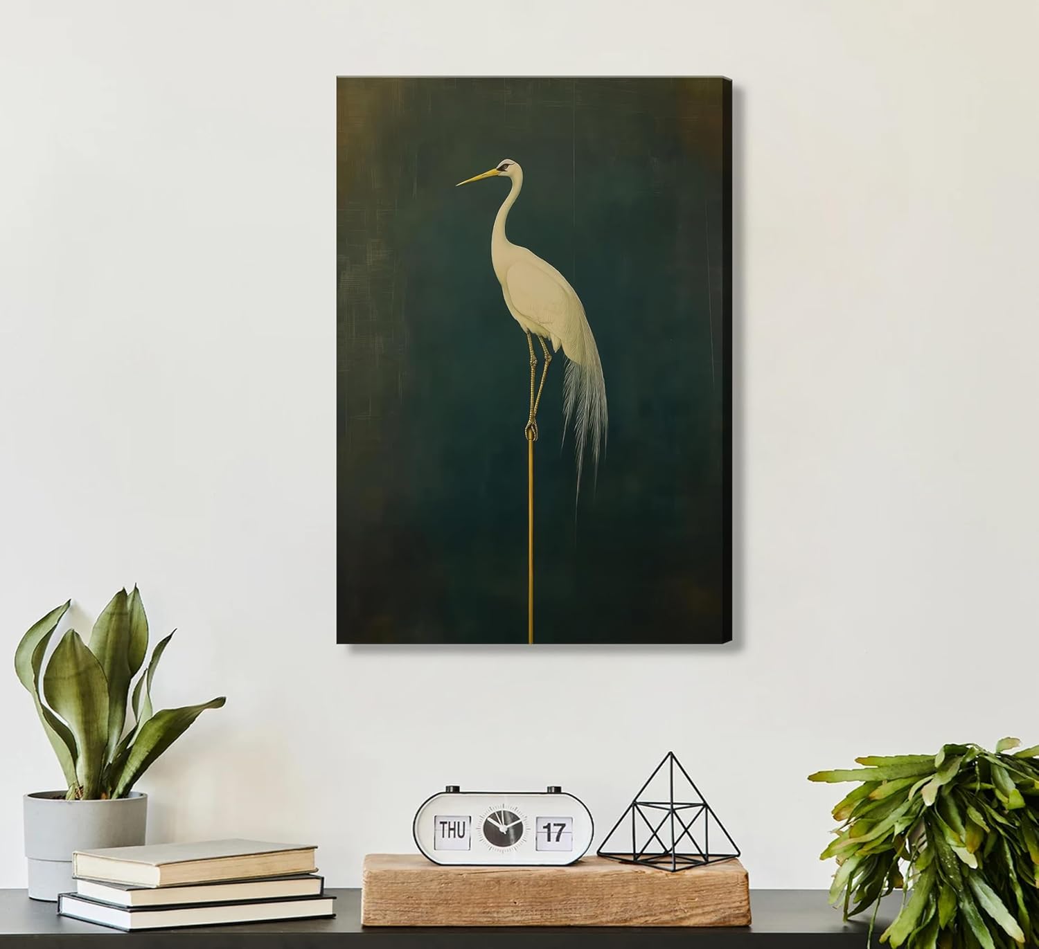 Green Japanese Crane Canvas Wall Art Vintage Asian Bird Prints Wall Decor Retro Crane Painting Poster Print Artwork for Living Room Bedroom Home Decoration