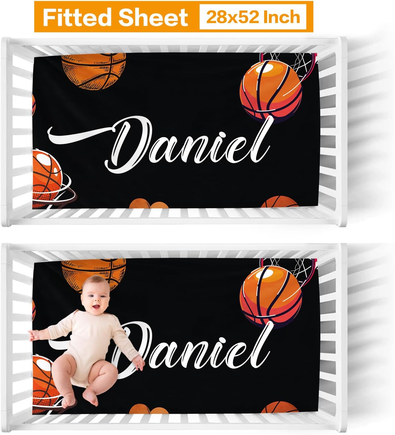 Custom Baby Crib Bedding Set - 5 Piece Nursery Crib Set Balls & Rainbow Design - Personalized Name Baby Blanket, Crib Fitted Sheet, Changing Pad Cover, Pillow Cover, Wall Art for Newborns Ball09