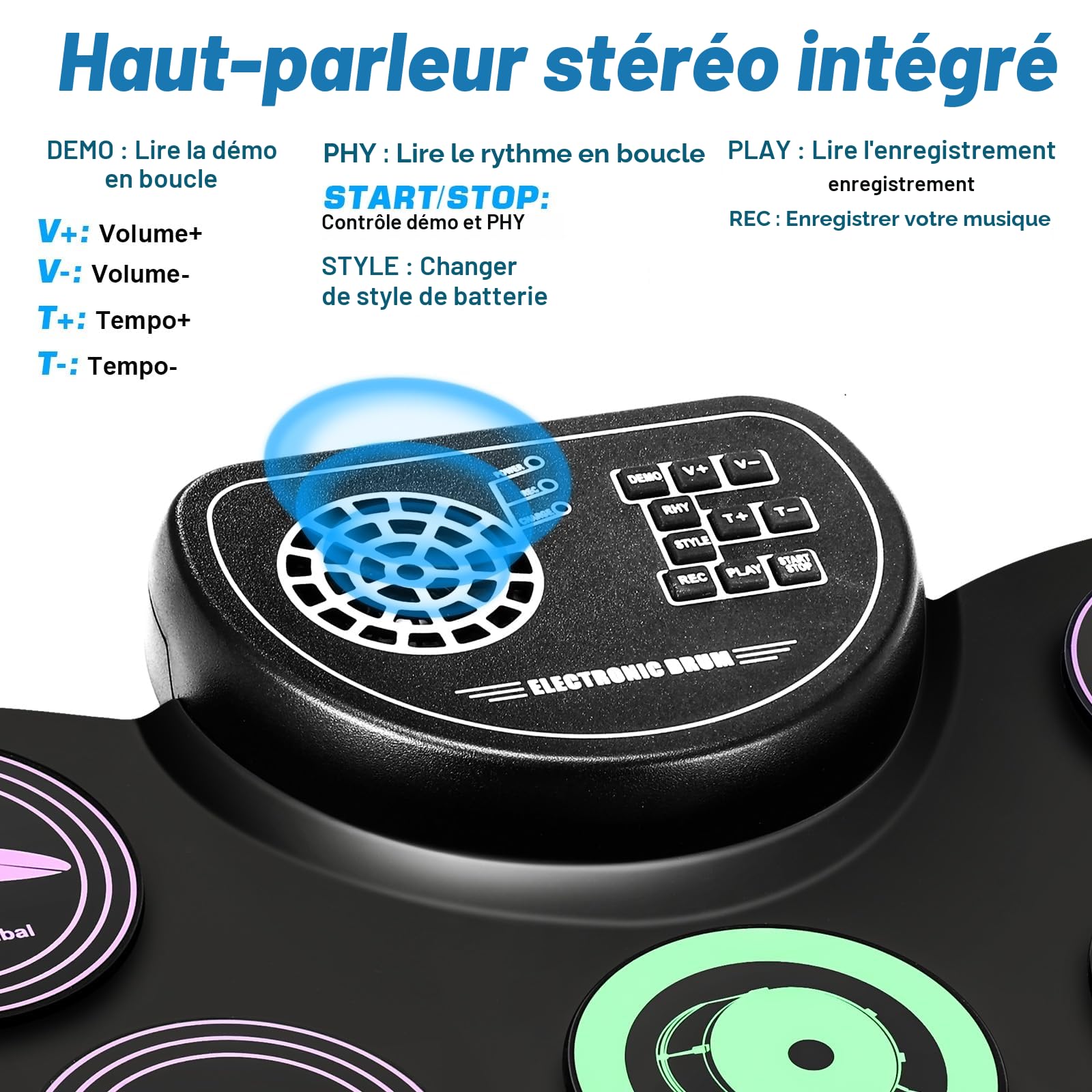 Anpro Batterie électronique avec Peau de Tambour de Couleur,Ensemble de Pratique de Batterie kit de Batterie électrique Portable,Convient aux Enfants, Adolescents, Adultes et débutants