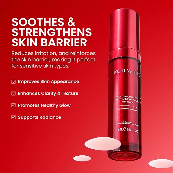 Koji White 2% Kojic Acid Serum + 3% Tranexamic Acid, 5% Niacinamide | Hydrating Facial Soothing Moisturizer for Uneven Skin - Vegan Skin Care, Fragrance Free, Unscented for Sensitive Skin - 1.01 Fl Oz