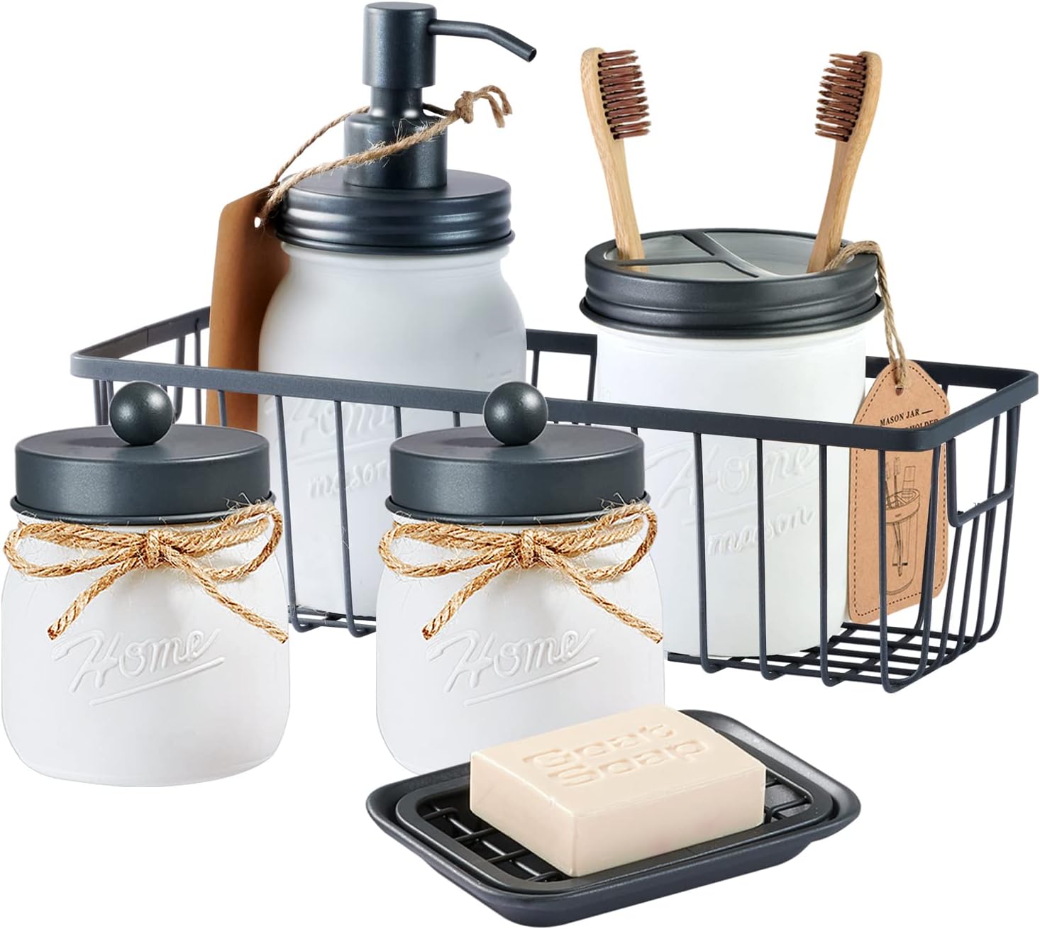 SheeChung White Mason Jar Bathroom Accessories Set (6PCS) - Lotion Soap Dispenser,Toothbrush Holder,2 Apothecary Jars, Soap Dish Tray,Storage Organizer Basket Bin - Rustic Farmhouse Decoration (Gray)