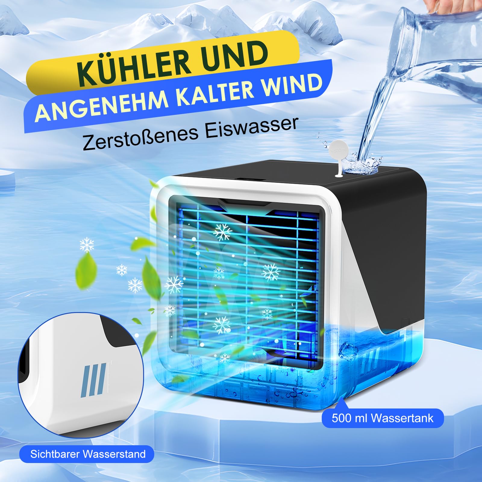 Climatiseur Mobile 3 en 1, Rafraîchisseur d’Air Silencieux avec Réservoir 500ML, USB Ventilateur Portable par Eau, 3 Vitesses, Lumière LED 7 Couleurs, sans évacuation, pour Chambre, Bureau