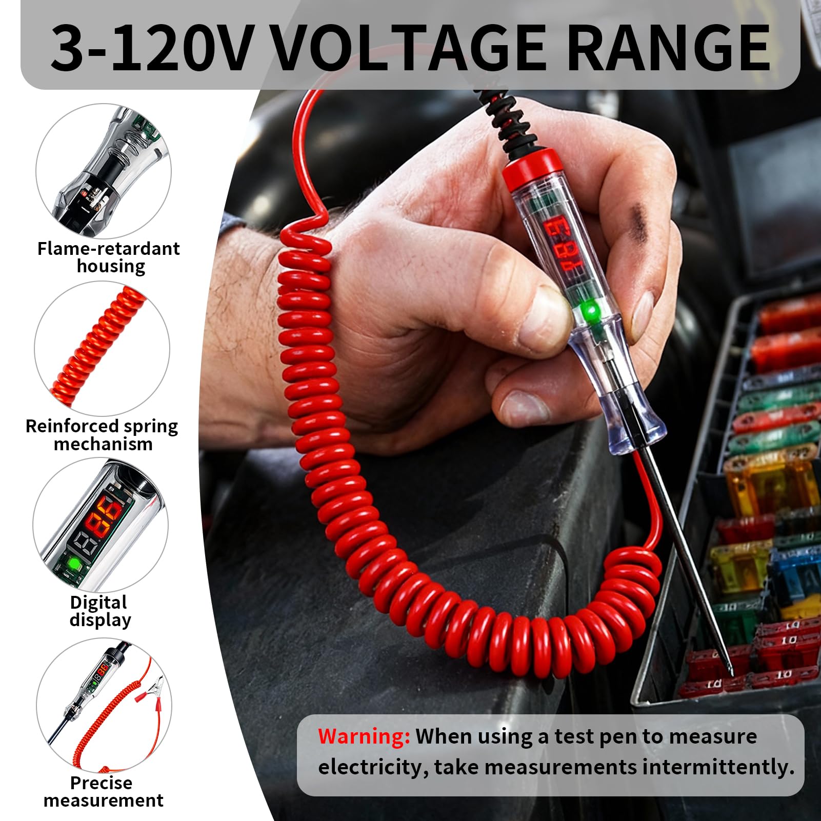 Probador de Circuito Automotriz Digital 3-120V DC Comprobador de Fusibles con Pantalla LED