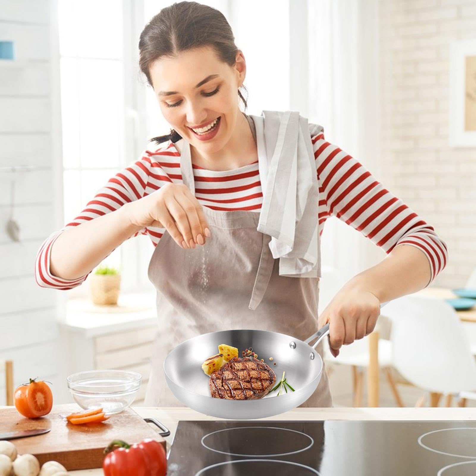 Deep Skillet Frying Pans, Oven Safe Skillet, Stainless Steel Cookware