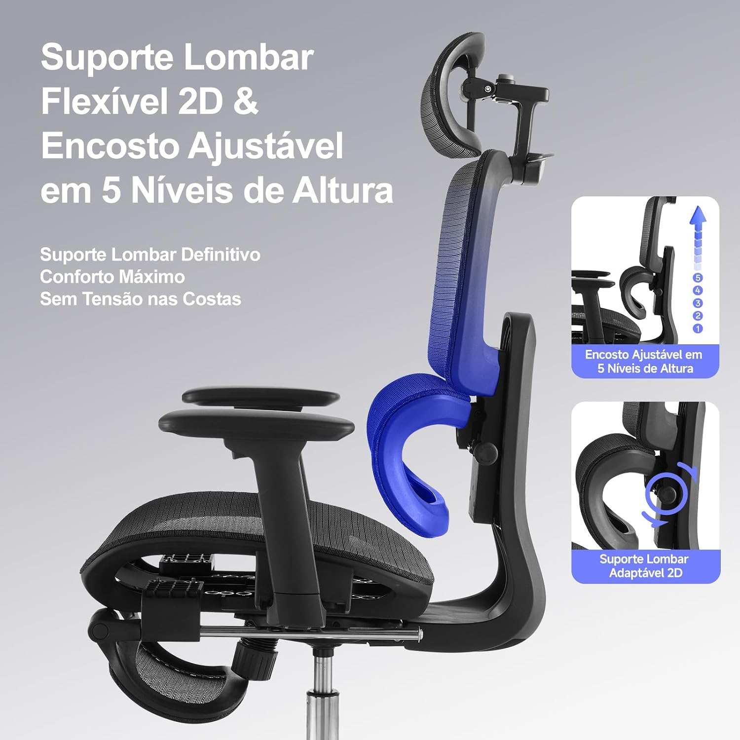 Cadeira de Escritório com Descanso para os Pés, Cadeira Ergonômica com Travesseiro para Pescoço e Rodas de Borracha, Cadeira Gamer com Encosto Ajustável e Apoios de Braço 3D, Preto Cadeira de Escritório com Descanso para os Pés, Cadeira Ergonômica com Travesseiro para Pescoço e Rodas de Borracha, Cadeira Gamer com Encosto Ajustável e Apoios de Braço 3D, Preto