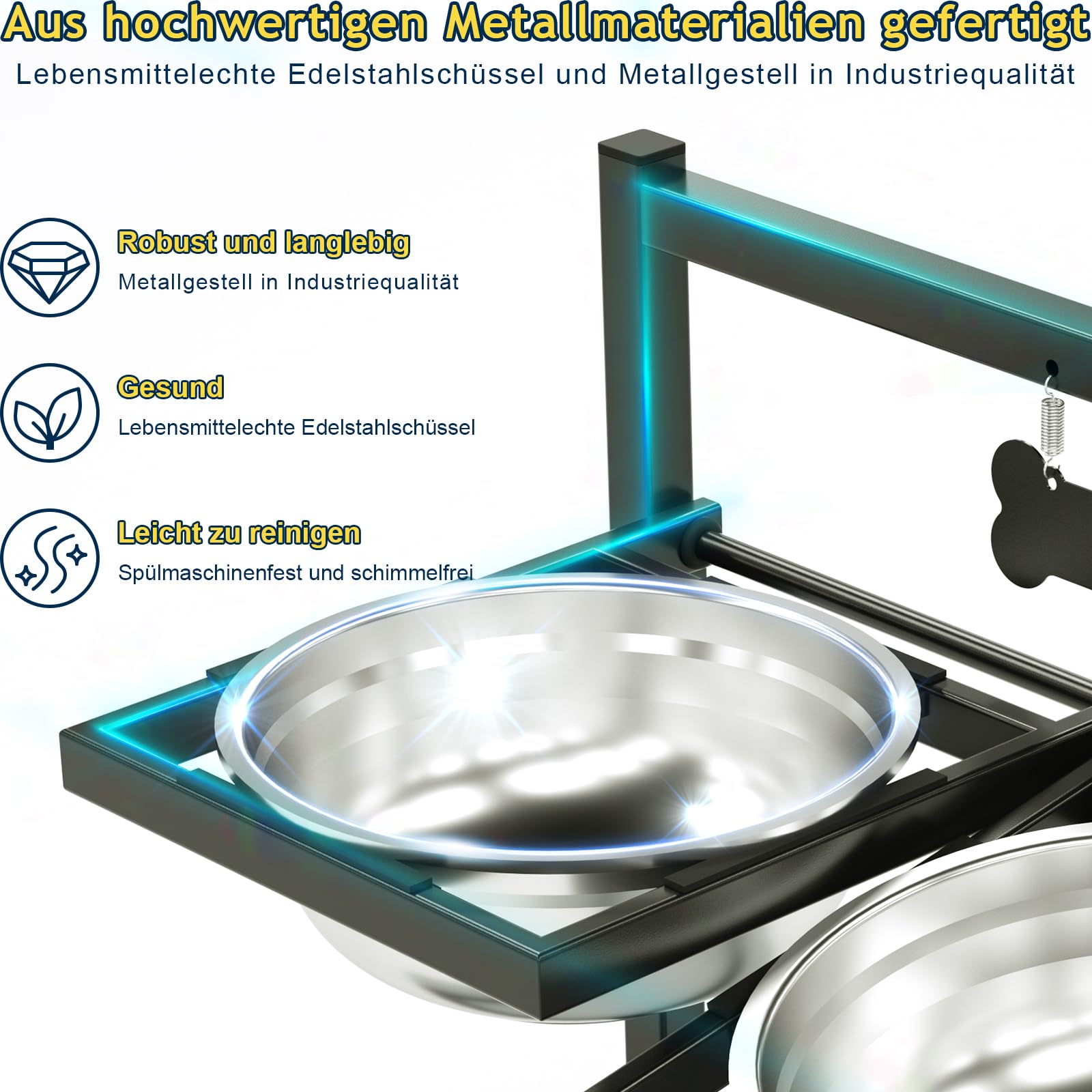 Hundenapf Erhöht mit 4 Höhenverstellbaren 10° Geneigten – 2 Edelstahl-Hundenäpfe (1,5 L x 2) und Auslaufsichere Matte, Perfekte Stabile Ständer für Hundenapf Geeignet für Groß, Mittel und Klein Hunde