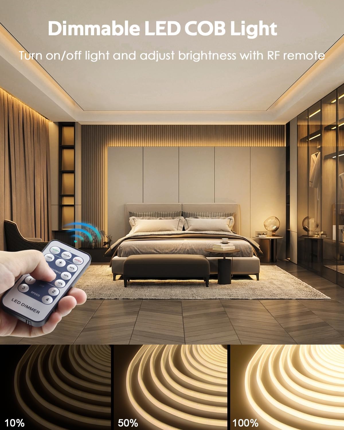 COB Outdoor LED Strip Lights Waterproof 50ft Dimmable LED Rope Light with Reomote AC 110V~120V Cuttable Flexible FCOB COB Light Strip Warm White 3000K for Building Garden Commerical Decor