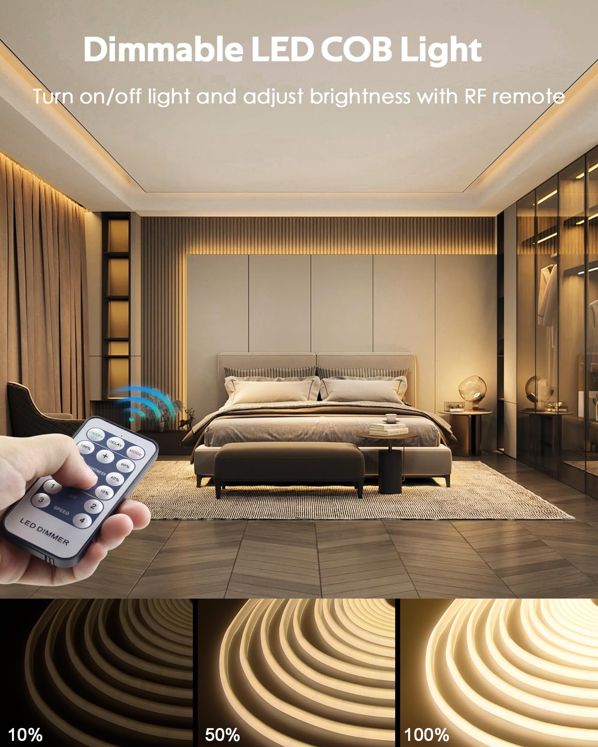 COB LED Luci di Striscia Esterna Impermeabile 50ft Dimmable con Reomote AC 110V ~ 120V Flessibile Cuttable FCOB Bianco 3000K per Costruzione Decorazione Giardino