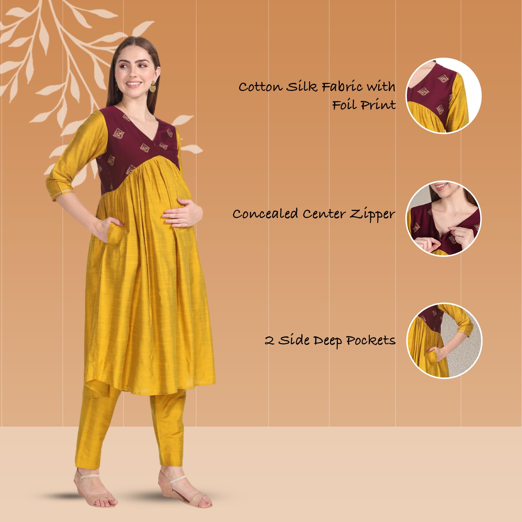 Pavisa Womens Alia Cut Cotton Silk Gold Foil Prints Yellow and Green Maternity Salwar Suit with Deep Two Side Pockets (XXX-Large, Yellow and Wine) - Image 3 thumbnail