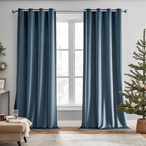 Lazzzy Cortinas opacas de terciopelo azul con aislamiento térmico de 96 pulgadas de largo, cortinas para dormitorio, sala de estar, tratamiento de