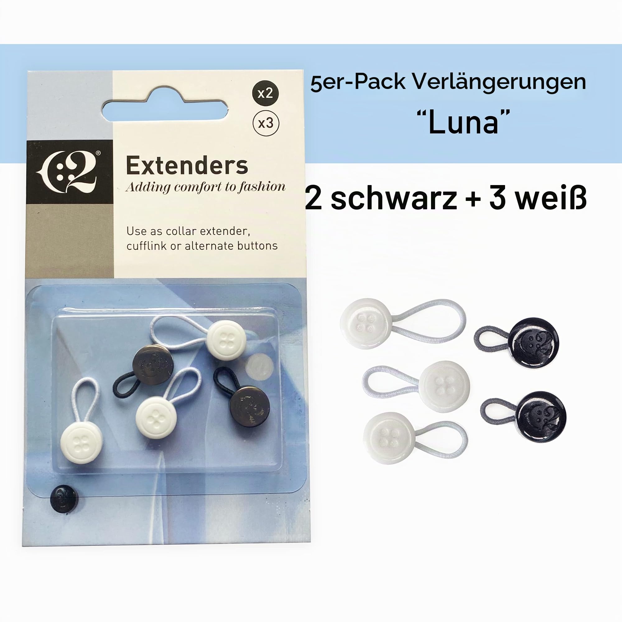 C2 5 Stück Hemdknopf-Erweiterungen, Weiß & Schwarz - Gemischte Größen - Fügt bis zu 3 Größen hinzu (1,3-2,5 cm) - 10 mm Knöpfe (16L) - Elastische Kragen & Manschettenverlängerung (S/M/L)
