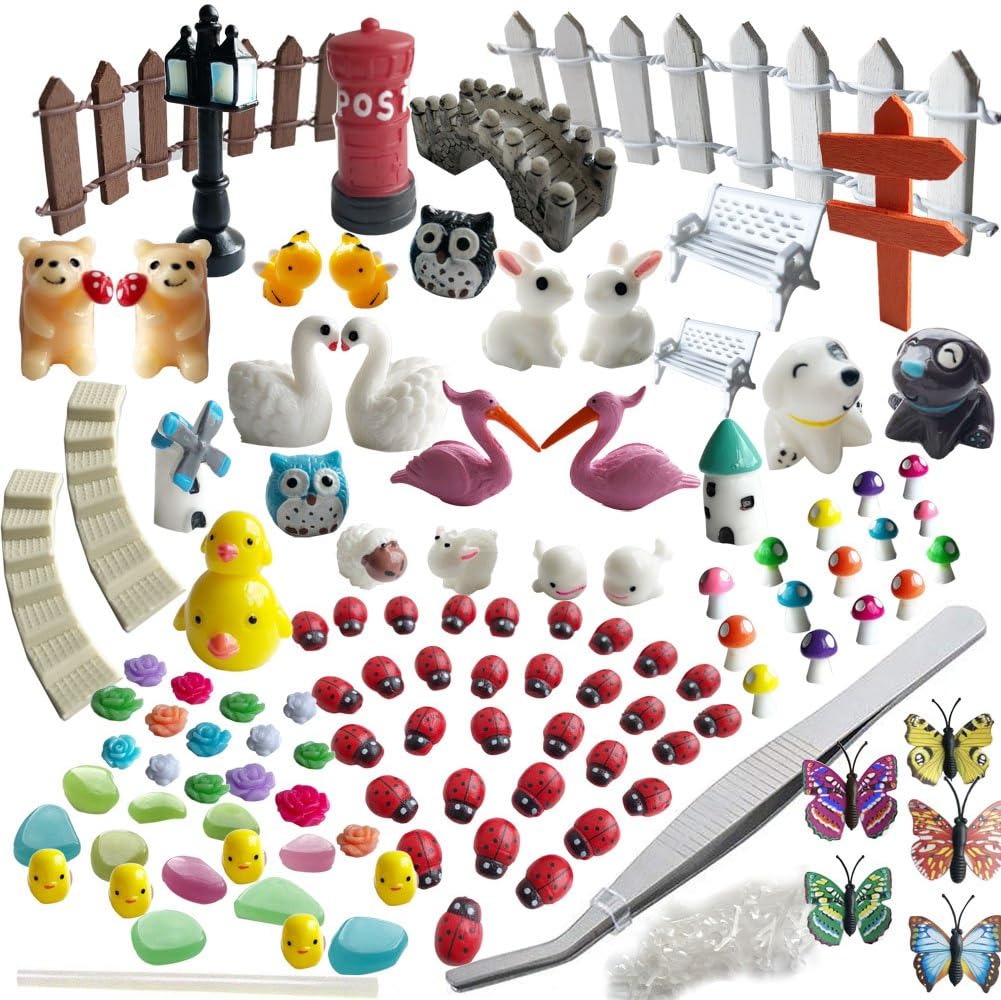 AZYC Miniature Garden Ornaments,109 Pcs Miniature Ornaments Kit Set with 1 Pcs Tweezer for DIY Fairy Garden Dollhouse Decoration