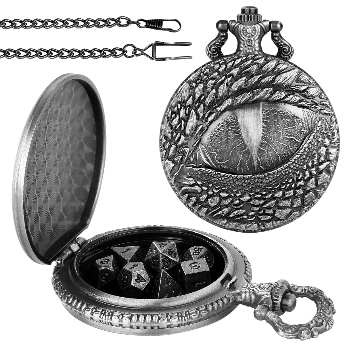 Mini DND Dice Set with Retro Dragon's Eyes Pocket Watch Shell Case, DND Starter Set, 7pcs Polyhedral Mini Metal Dice Set, D&D Gifts with Gift Bag, Role Playing Board Game Accessories, Dark Silver