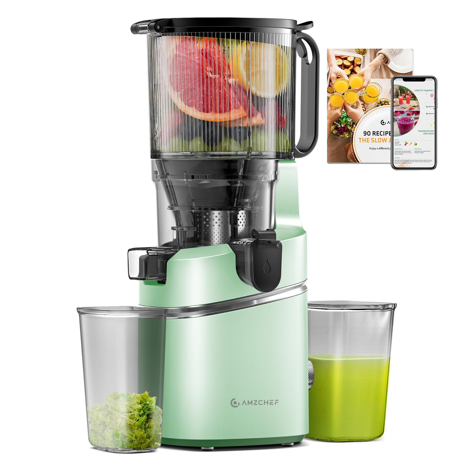 AMZCHEFJuicer Machines, 5.8" Extra Self-Feeding Cold Press Juicer for Whole Vegetable & Fruit, Juice Extractor Machine with Large Auger & Triple Strainers, Easy to Clean, High Juice Yield, Green