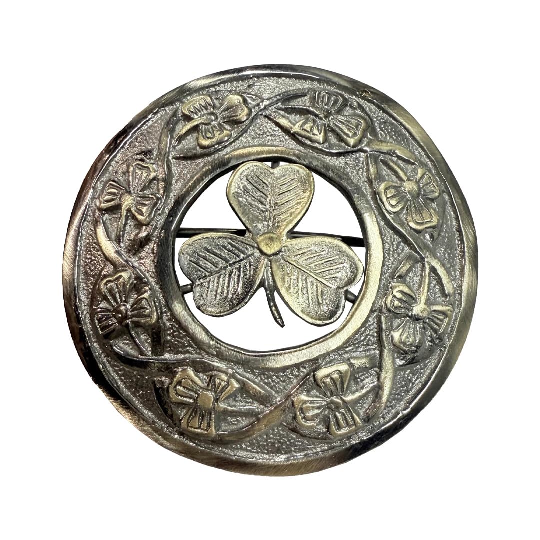 AARMen,s Scottish Irish Shamrock Kilt Brooch Fly Plaid Antique/Chrome Finish 3" (7cm) diameter S