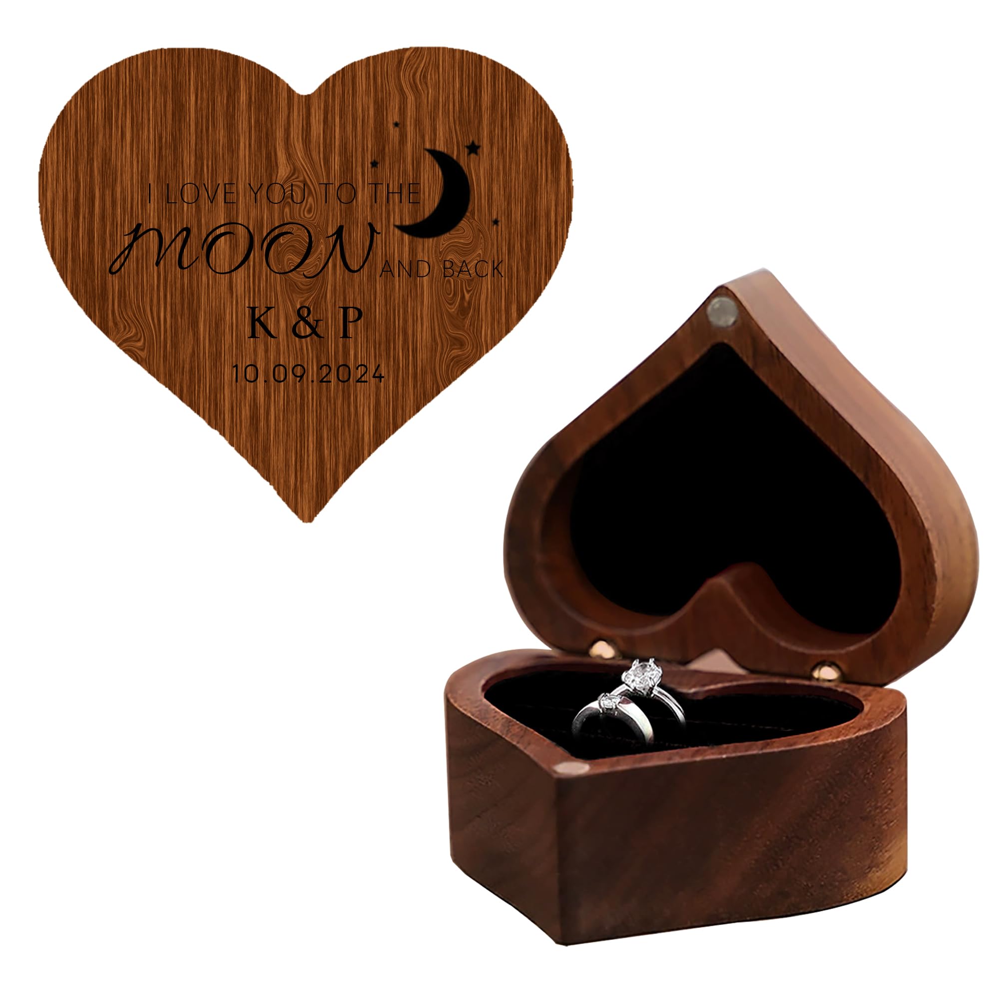 Customized Small Walnut Ring Box for Wedding, Personalized Engraved Flip Wooden Ring Box with 2 Slots, Vintage Wooden Jewelry Boxes for Proposal, Engagement, Wedding Ceremony (Heart)