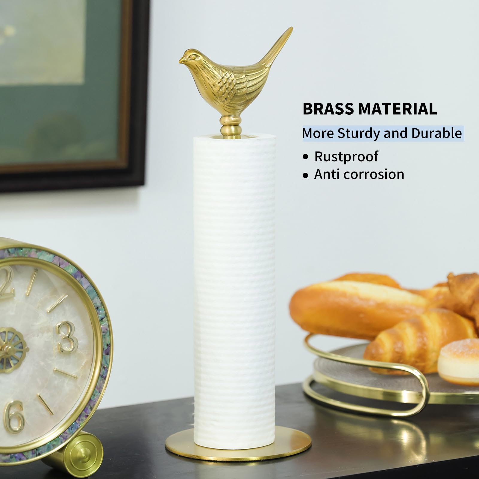 Lujoso soporte de toalla de papel dorado para encimera, soporte de toalla de papel de latón para cocina, decoración única de pájaros dorados, resistente, duradero y elegante decoración del hogar para 3