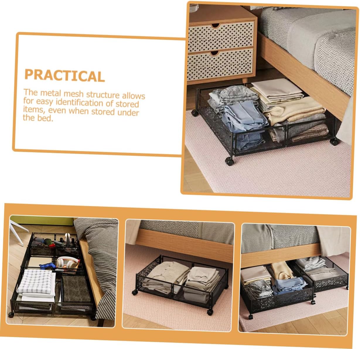 ABOOFAN under Bed Storage Rack Stainless Steel Organizer Wheels for Clothes Shoes and Blankets Stylish Mesh Design for Space-saving Storage