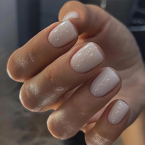 Miniatura 1 de IMSOHOT Uñas postizas cortas a presión con forma cuadrada, uñas postizas brillantes de color blanco lechoso con pegamento, uñas postizas