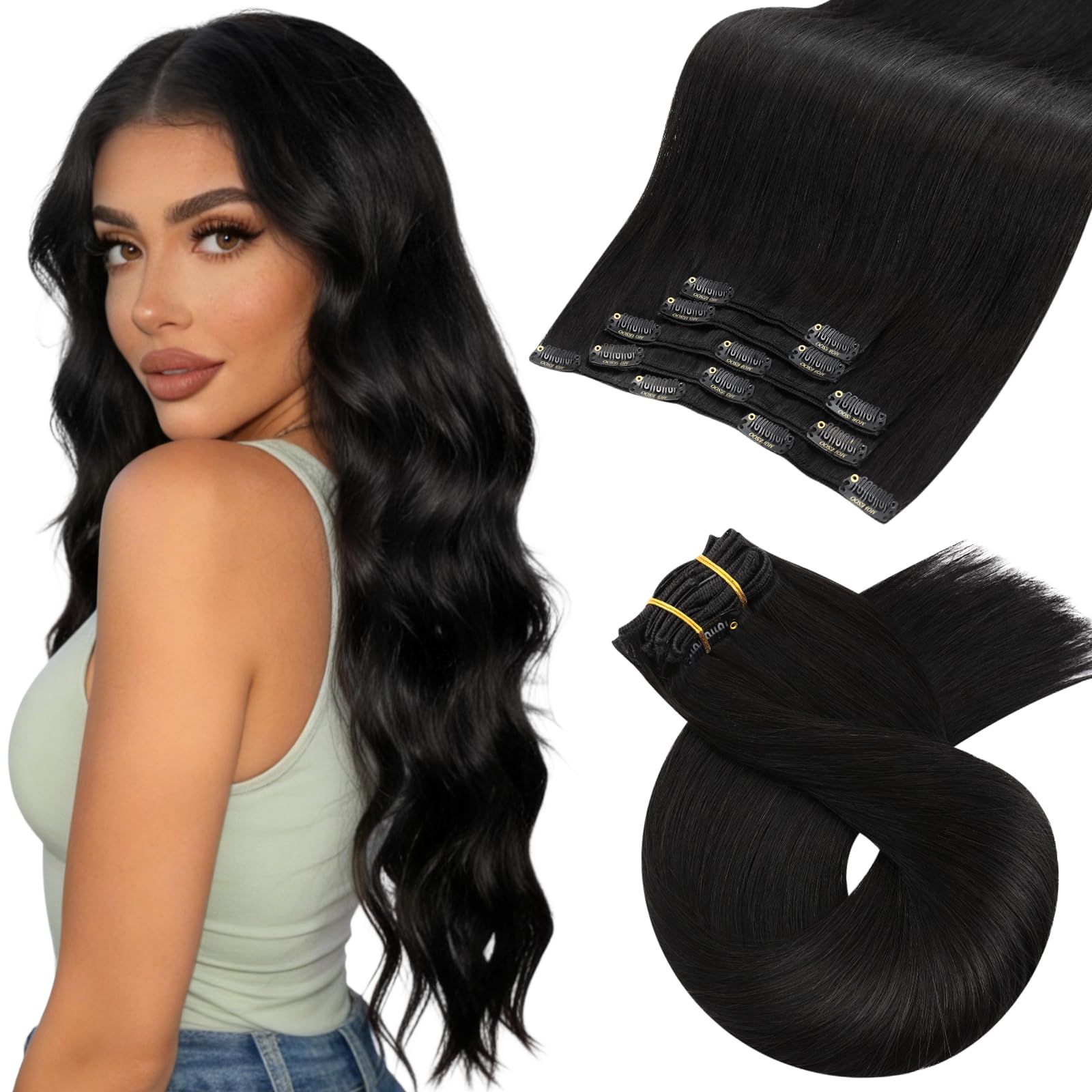 Moresoo Human Hair Extensions Clip in Real Hair Ash Blonde with Bleached Blonde Clip in Hair Extensions Remy Human Mid-length Hair Layered Add Volume 14 Inch 5pcs/80g #P18/613 — view 80