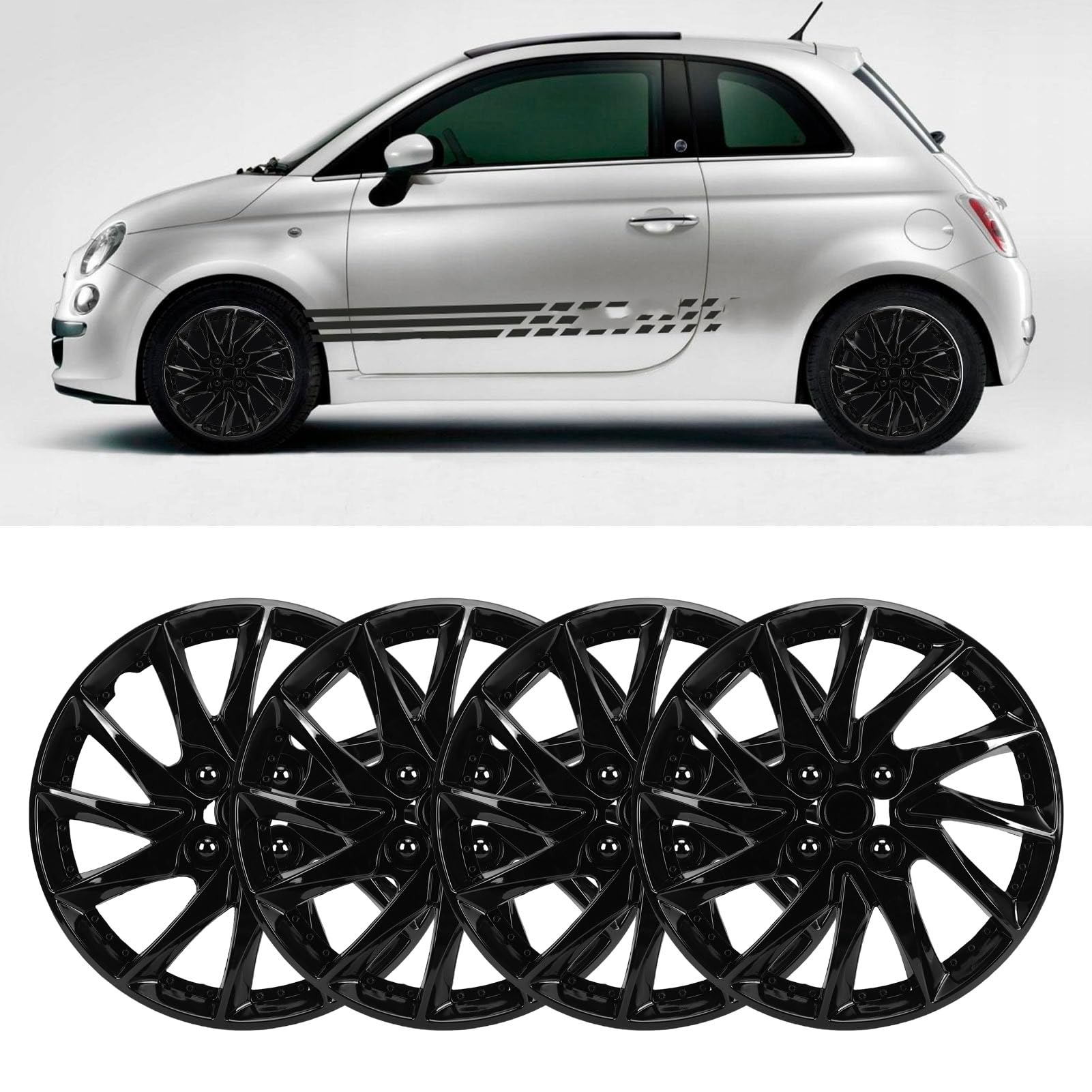 Aramox 4 szt. 15-calowe Kołpaki, Uniwersalne Dopasowanie do Każdego 15-calowego Koła Stalowego, Zamiennik Samochodu Ciężarowego SUV dla Fiatt 500, Peugeott 208 (BLACK)