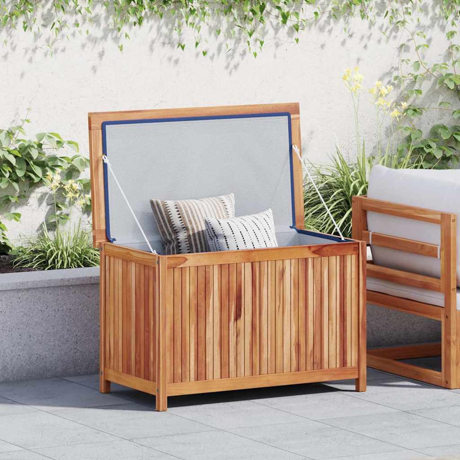Caja de jardín con suficiente espacio de almacenamiento, caja de almacenamiento para jardín, caja de cojines, baúl de madera, para interior y exterior, 90 x 50 x 58 cm, madera maciza de teca