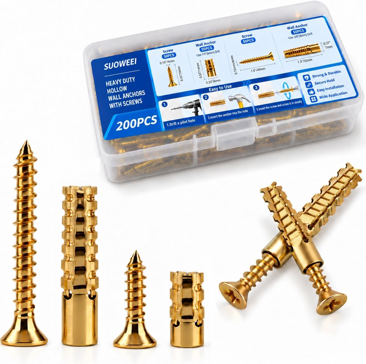 200PCS Expansion Anchors with Screws, 6×32mm & 6×14mm Hinge Repair Kit