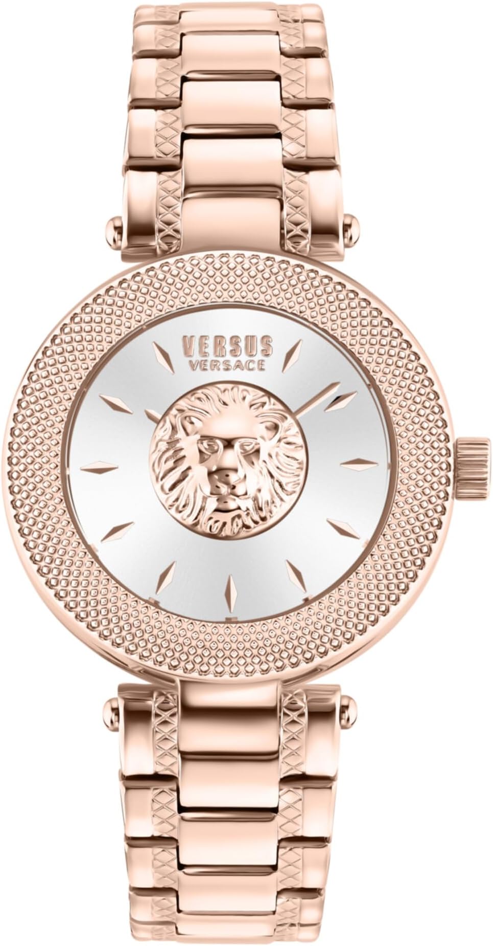 Versus Versace Brick Lane Lion Collection Luxury Womens Watch Timepieces with a Rosegold Bracelet and Case Featuring a Silver Dial