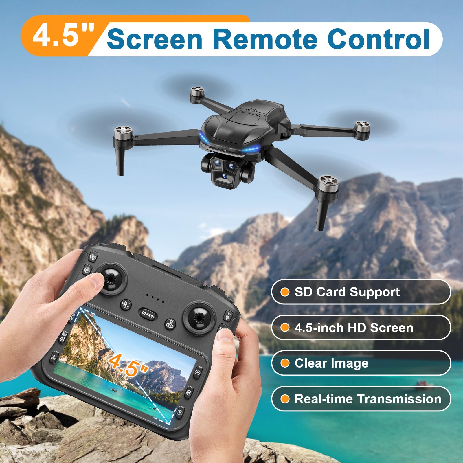 4K GPS Drone with Camera for Adults, Brushless Motor, 4.5" HD Screen Remote with 2 Batteries 60 Min Flight, with SD Card, Foldable Quadcopter Under 249g, Auto Return, Follow Me, 3 Speed Mode