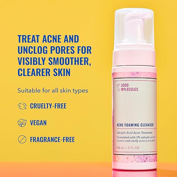 منظف رغوي لحب الشباب من Good Molecules - منظف رغوي بحمض الساليسيليك بنسبة 2% - غسول لطيف للوجه لعلاج حب الشباب مع بندق الساحرة والصبار الخالي من الكحول - للعناية ببشرة الوجه