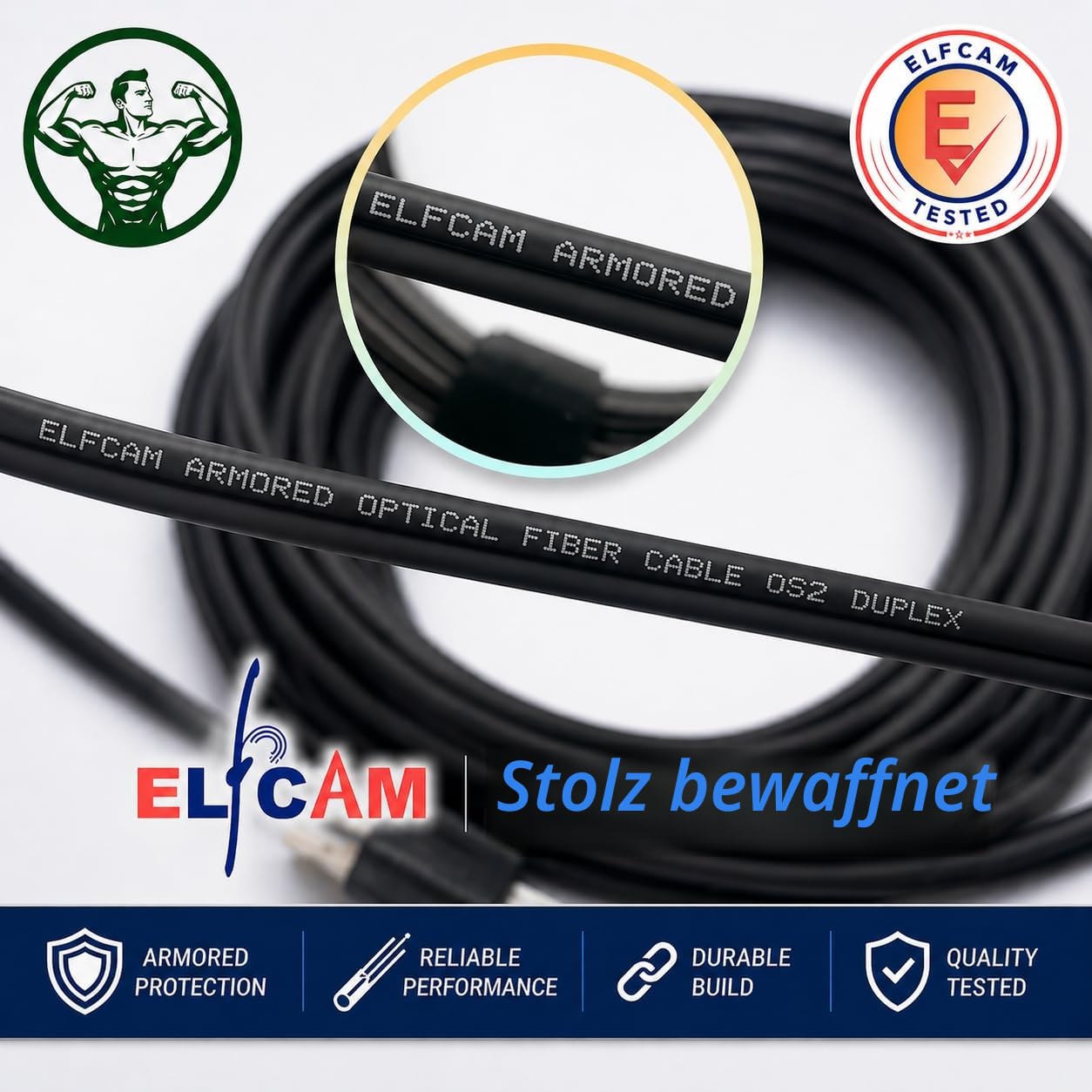 Elfcam® - 30m Gepanzerte Glasfaser-kabel LC/UPC auf LC/UPC OS2 Duplex Singlemode 9/125µm LSZH, LWL-Kabel LC UPC für den Innen- und Außenbereich, Schwarz, 30m
