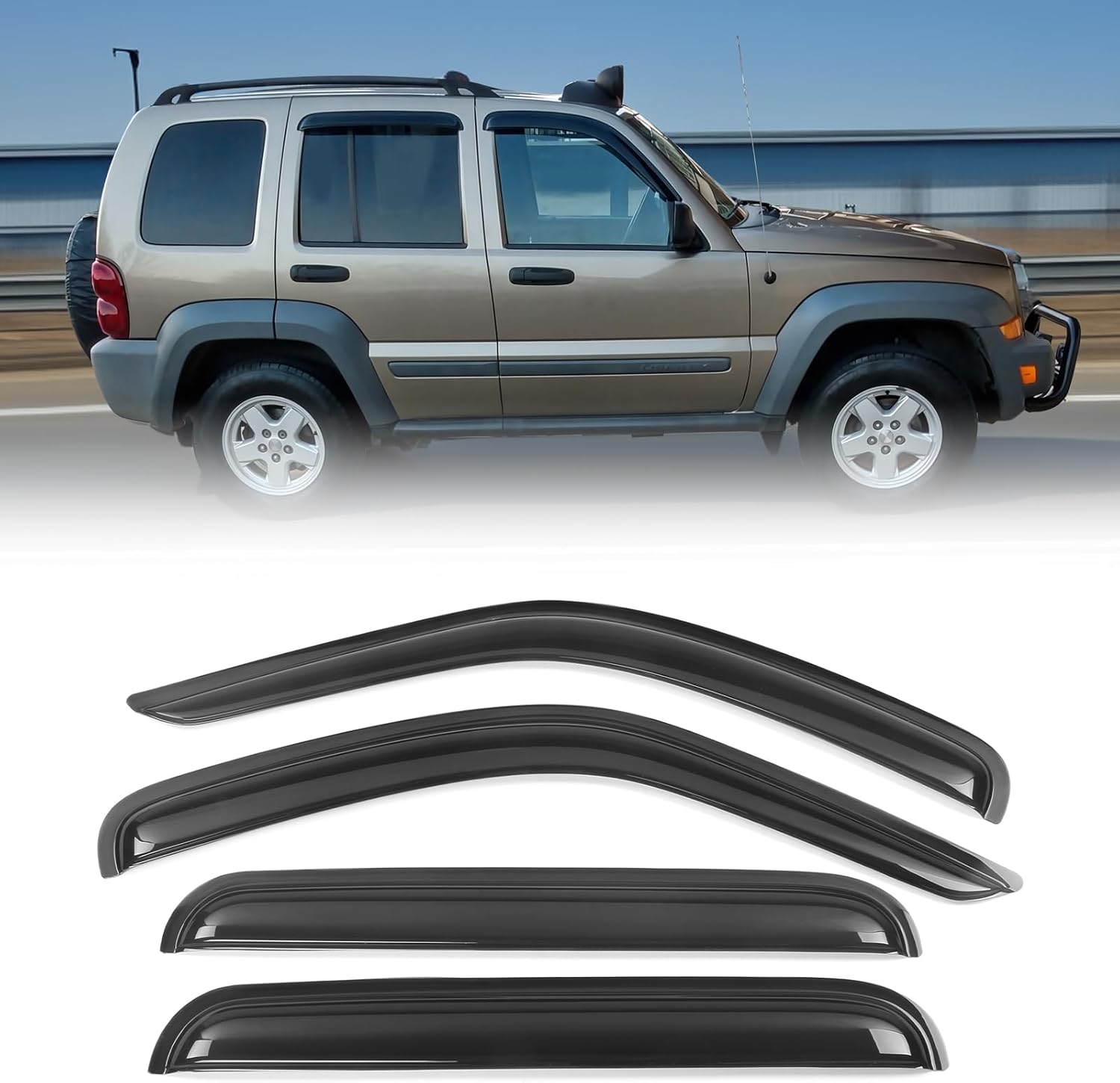 FREEMOTOR802® Tape-on Side Window Visors Wind Deflectors Rain Guards Vent Visors, Compatible with 2002-2007 Jeep Liberty, Slim Style Smoke Tinted Acrylic 4 Pieces