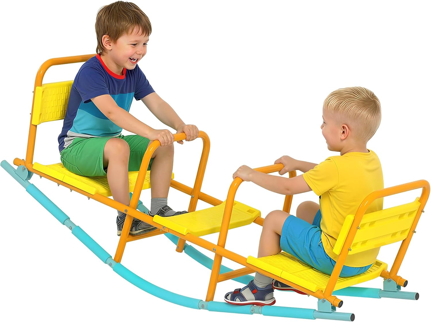 Qaba Teeter Totter Seesaw for Kids, 2 in 1 Metal Rocking Seesaw for Toddlers Age 3-8, 2 Seater Playground Equipment with Easy-Grip Handles for Backyard Indoor Outdoor, Yellow