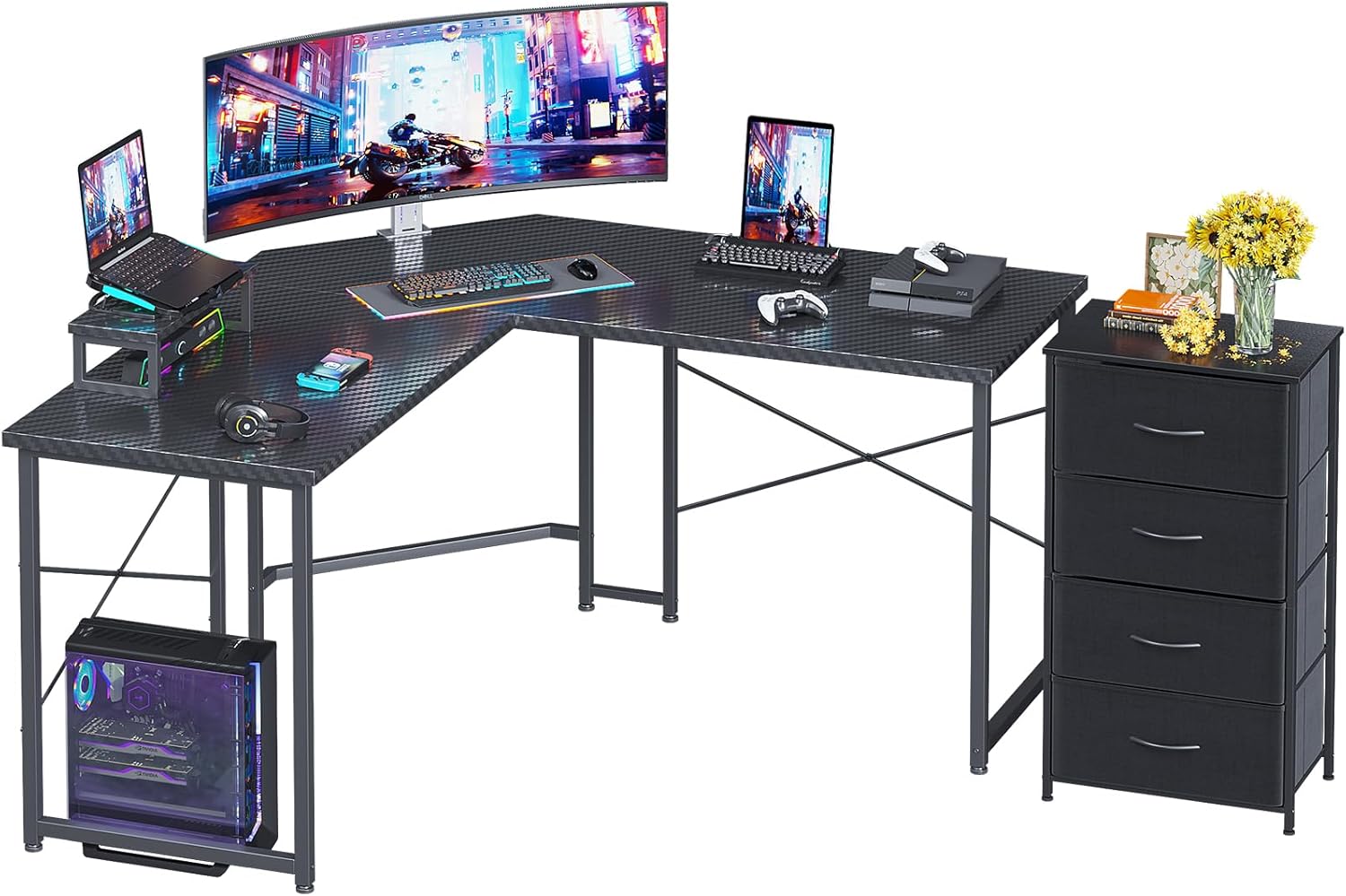 ODK L Shaped Gaming Desk with 4 Drawer Storage