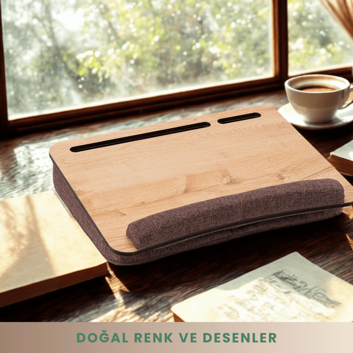Vigo Wood Scrivania Portatile su Grembo con Cuscino,Vassoio Morbido da Divano per Ufficio Domestico, Leggero e Portatile con Poggiapolso, Tablet fino a 15.6''e Supporto per Telefono (Rovere E Marrone)