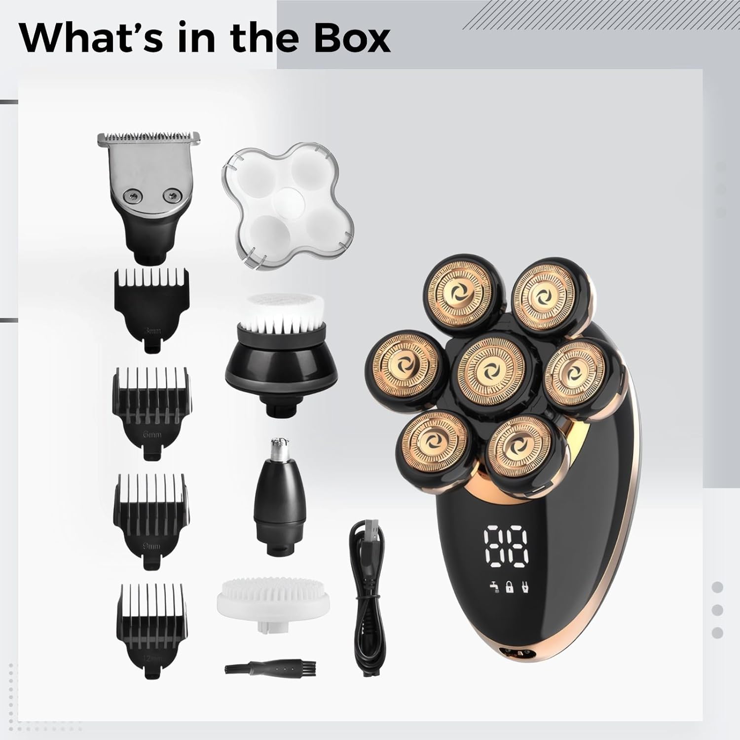 7-Head Electric Head Shaver for Men, 5-in-1 Grooming Kit, Digital Display, 360° Floating Head, Bald Head Shaver, Includes Trimmer, Cleansing Brush, and 7 Accessories