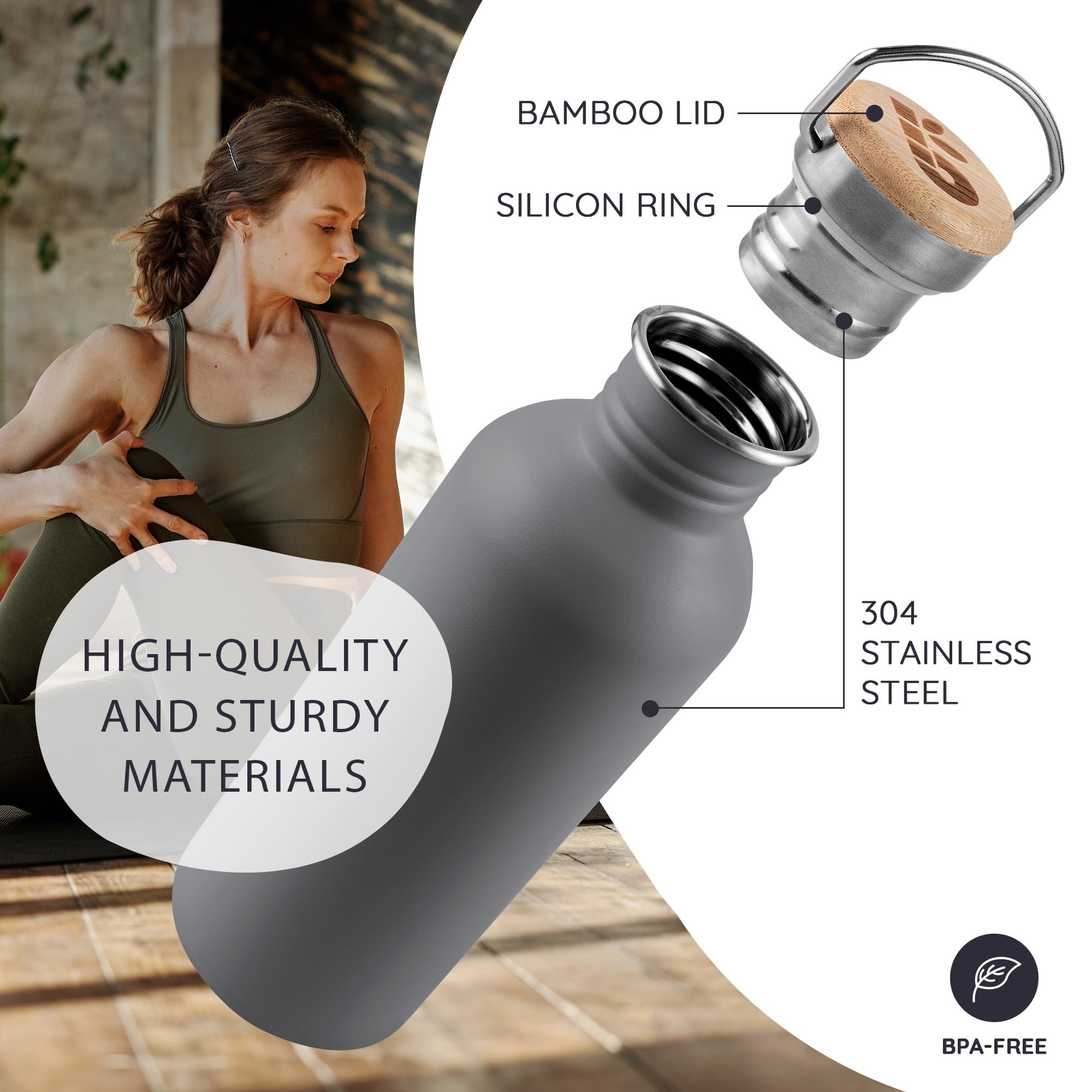 Bambaw Stainless Steel Water 500ml Bottle, Non-Insulated Sport Bottle, BPA Free, Reusable, Stormy Gray, 500 ml - Image 2