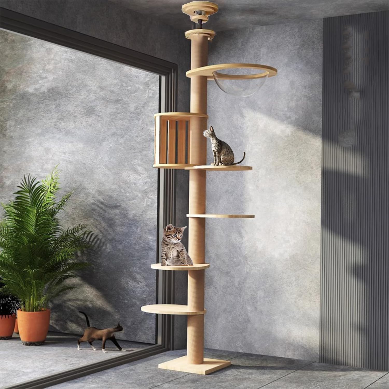 Floor to Ceiling cat Tree - Adjustable Height (95-98in,104.3-108.2in)- with Width 4.33 in Scratching Post,Cat Hammock,Fully Wrapped with sisal Rope - Heavy Duty cat Tree.(Holds 110 lbs) wood color