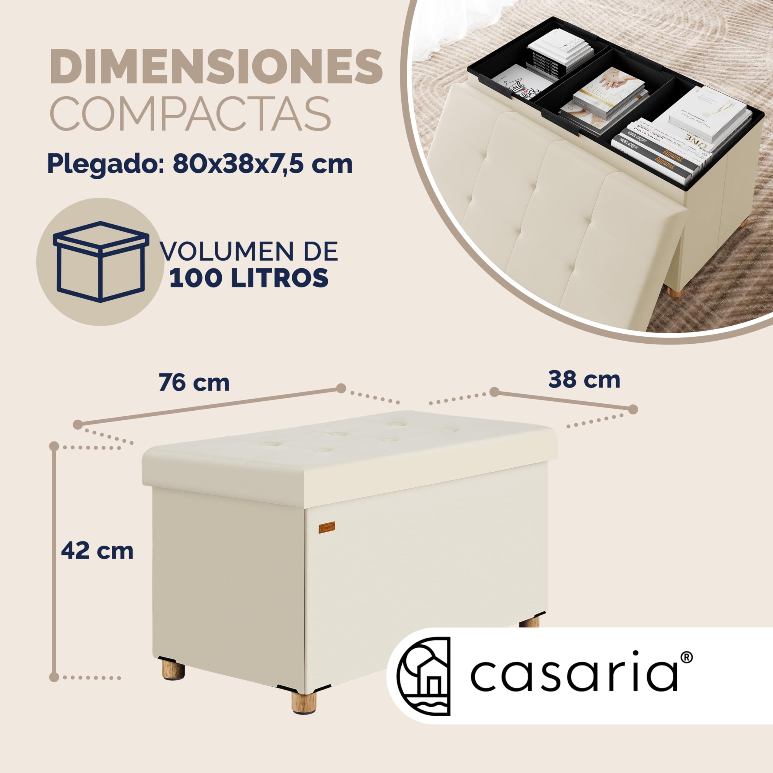 CASARIA® Banco Almacenaje Terciopelo Puff Plegable Capacidad Carga hasta 300kg Resistente 38x76x42cm Patas Madera Reposapies Salon Dormitorio Otomana Beige