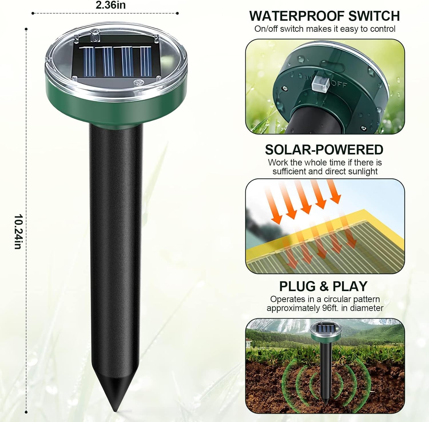 Mole Repellent Solar Powered 10 Pack Snake Repellent Ultrasonic, Groundhog Repeller,Gopher Repeller Sonic Mole Deterrent Spikes, Snake Gopher Mole Vole Repellent Outdoor for Lawn Garden & Yard