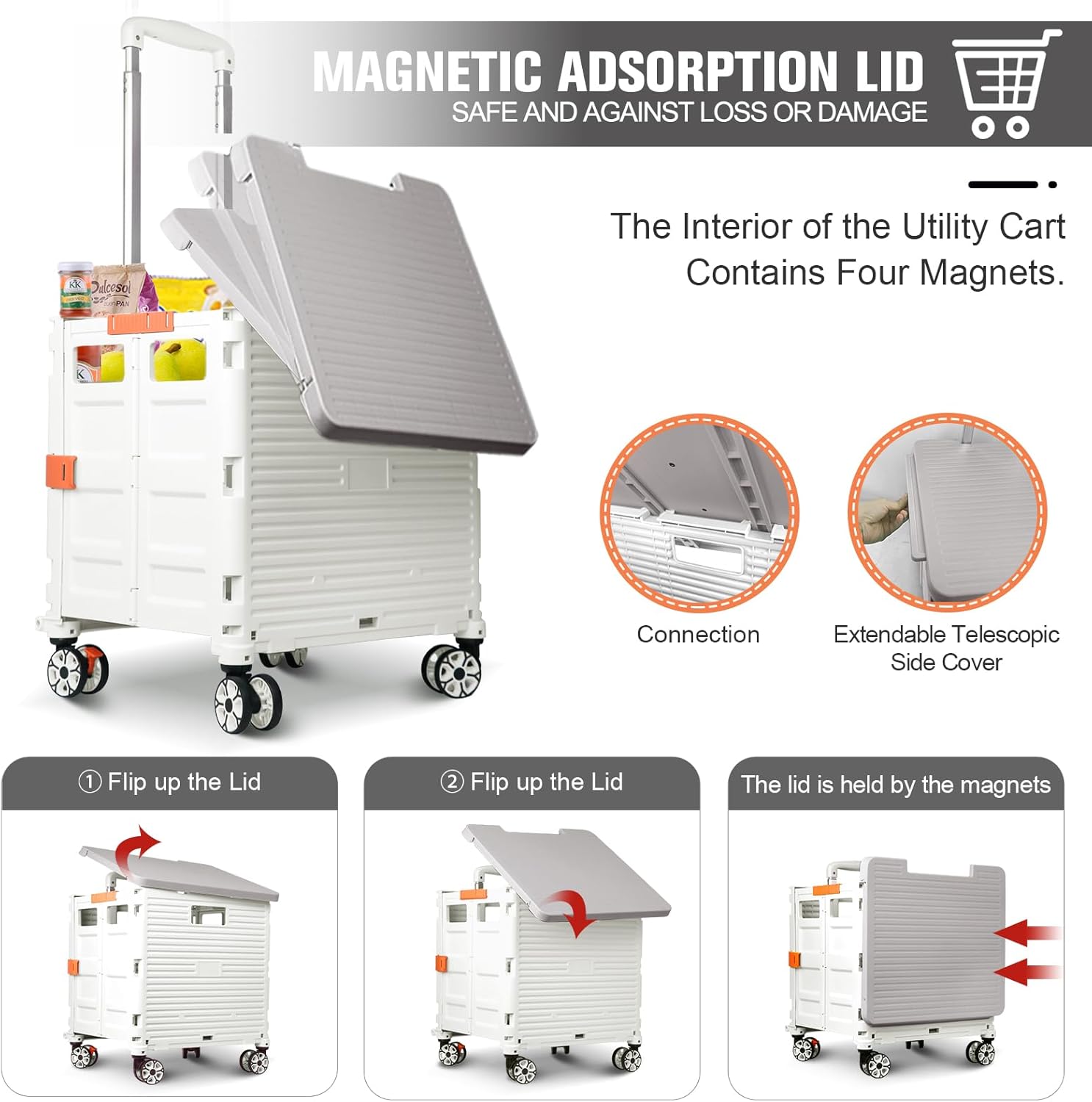 FELICON SELORSS Folding Utility Cart Portable Rolling Crate Handcart with Magnetic Sliding Lid Telescoping Handle Plastic Box Dolly 360°Swivel Wheels for Travel Shop Move Office Teacher(White Pro)