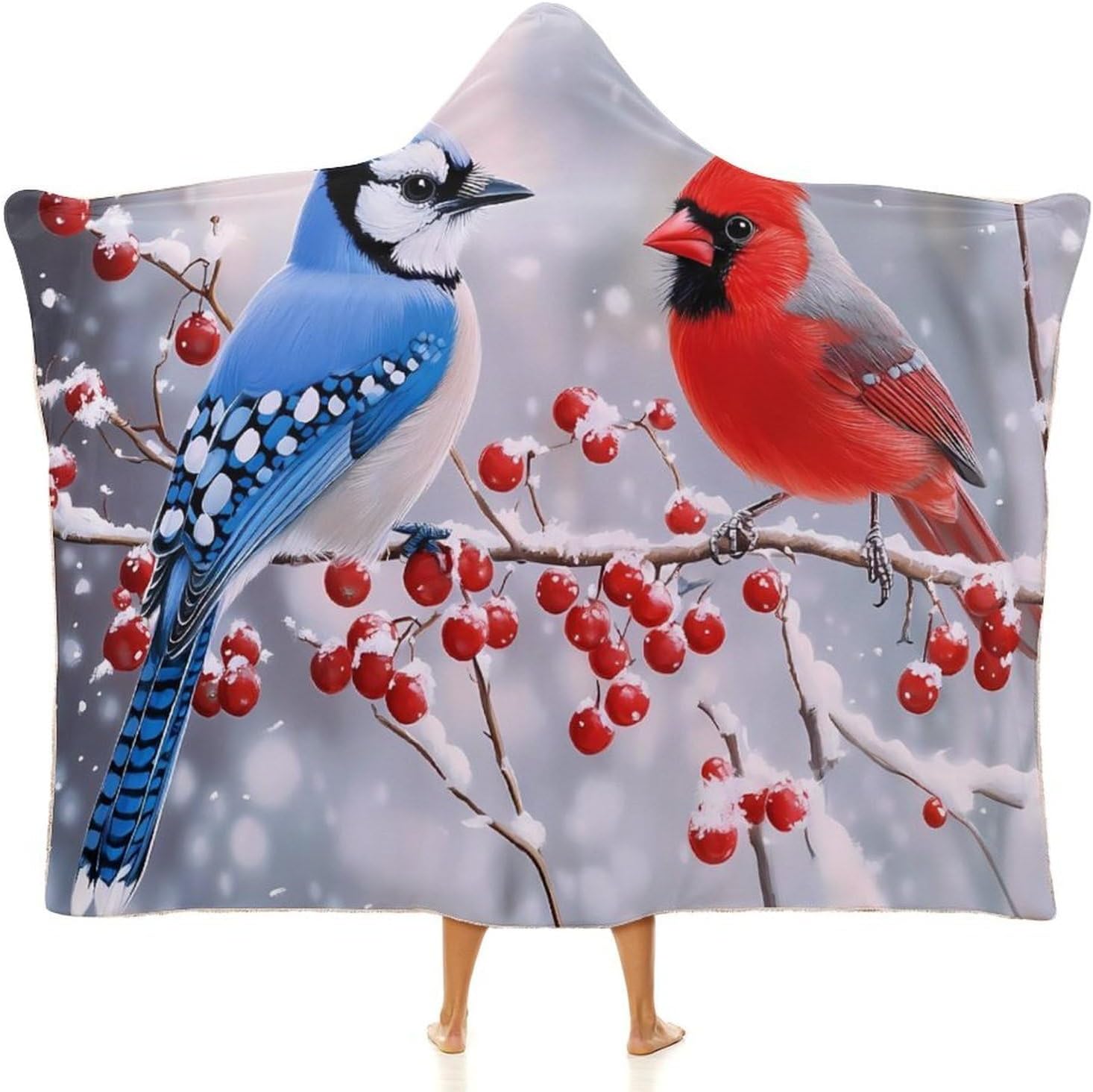Blue Jay Cardinal Bird Winter Cute Hooded Wearable Blanket Warm Wrap Blanket Cape Cozy Gifts for Adults Home Office