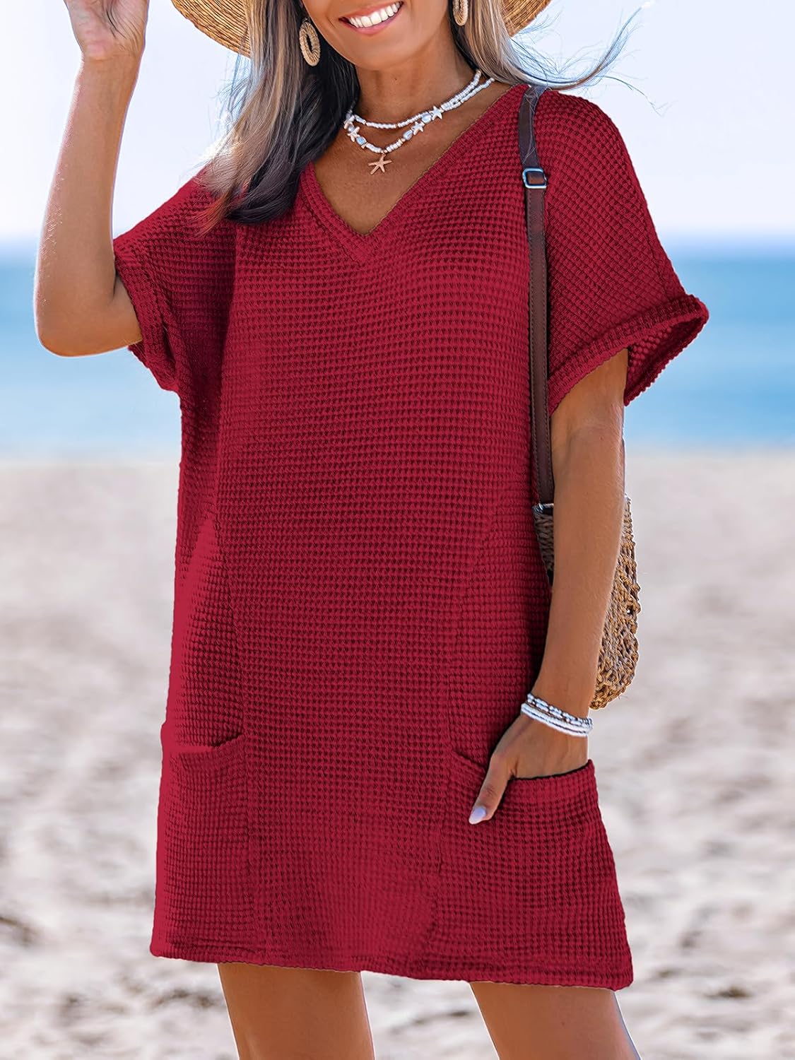 CUPSHE Swimsuit Coverup for Women Waffle Knit V Neck Short Sleeve Beach Coverup Dress with Pockets - Image 4